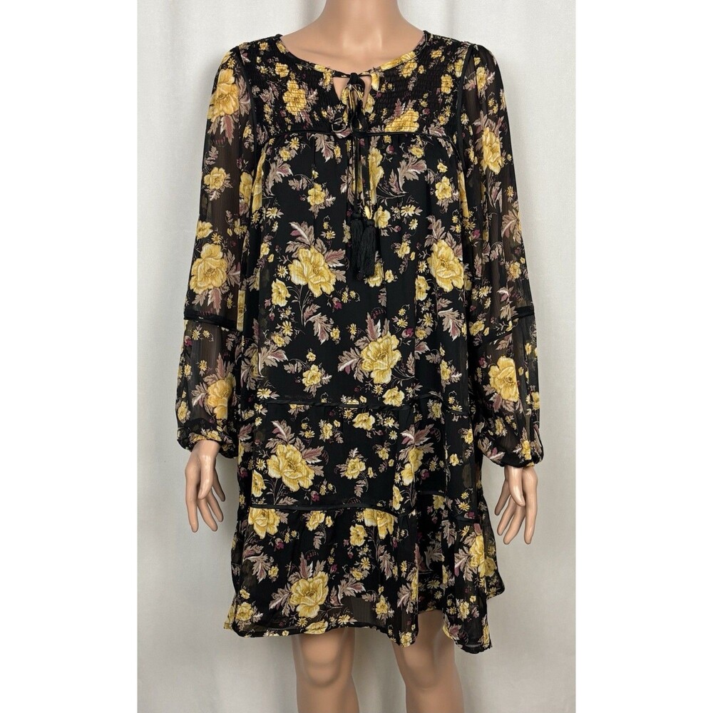 Laurel Grey Women’s Large Black Floral Mini Dress Boho Tiered Long Sleeve